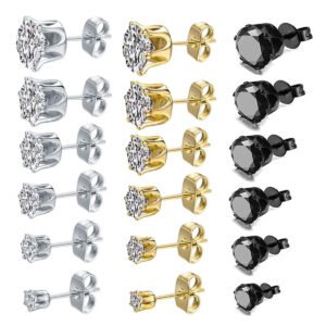 Stainless Steel Crown Six-Prong Round Zircon Stud Earrings