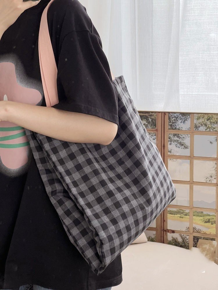 Plaid Canvas Multi-layer Tote Casual Shoulder Bag – Image 9