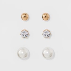 Stud Earring Set 3pk - Gold/Silver: Hypoallergenic Glass & Brass, Nickel-Free Metal