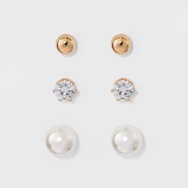Stud Earring Set 3pk - Gold/Silver: Hypoallergenic Glass & Brass, Nickel-Free Metal