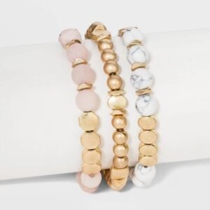 Semi-Precious White Howlite & Sunstone Stretch Multi-Strand Bracelet Set 3pc - Worn Gold: Quartz Beaded Jewelry