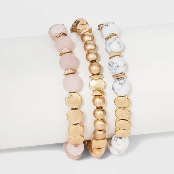 Semi-Precious White Howlite & Sunstone Stretch Multi-Strand Bracelet Set 3pc - Worn Gold: Quartz Beaded Jewelry
