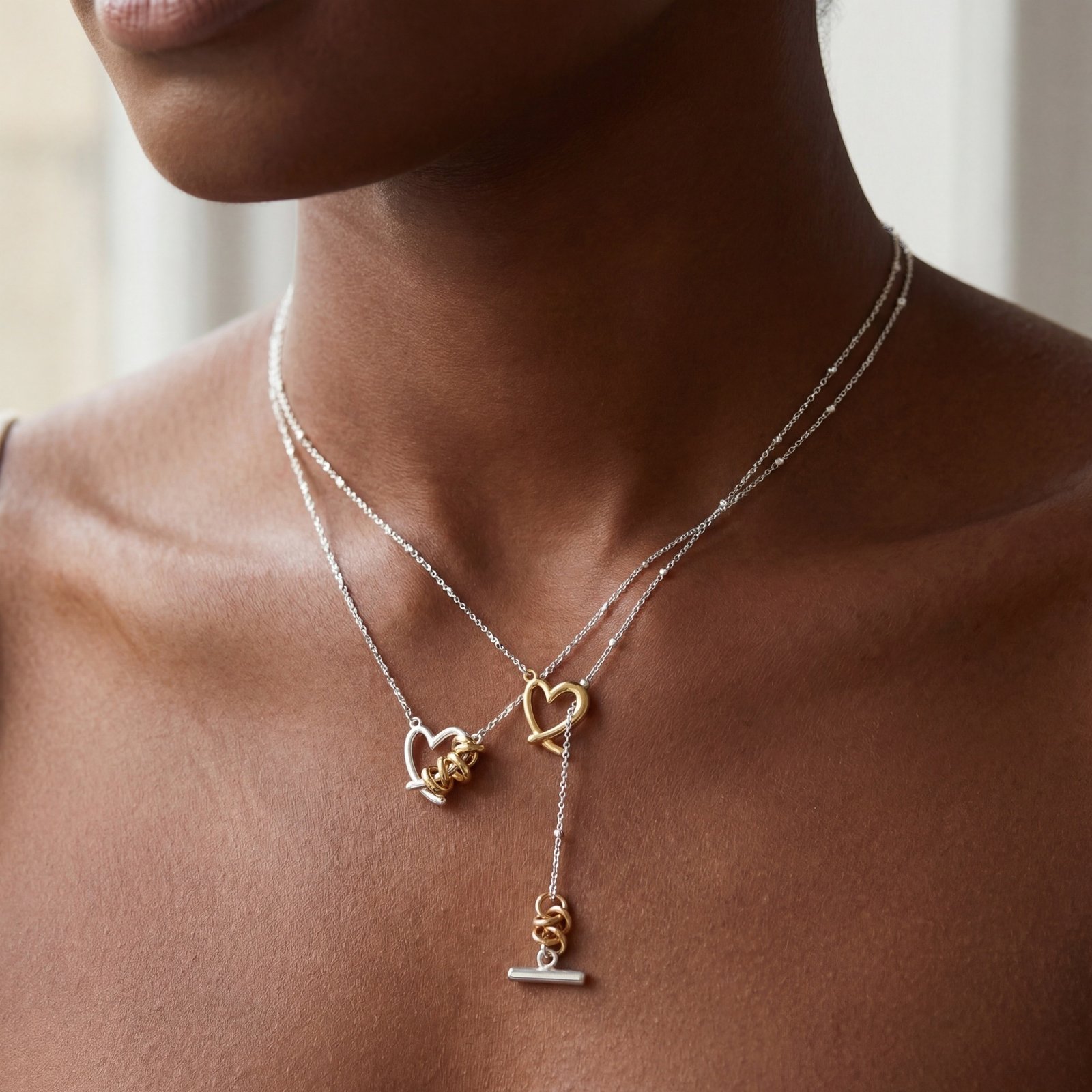 Gold And Silver Contrast Heart-wrapped Necklace – Image 2