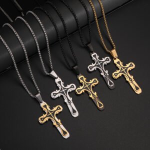 Mens Retro Cross Necklace Simple Long-Style Personalized Sweater Chain