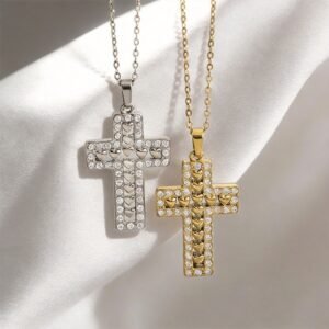 Light Luxury Diamond-encrusted Heart-shaped Cross Stainless Steel Necklace, Featuring A Unique Design With Rhinestone Pendant And Clavicle Chain